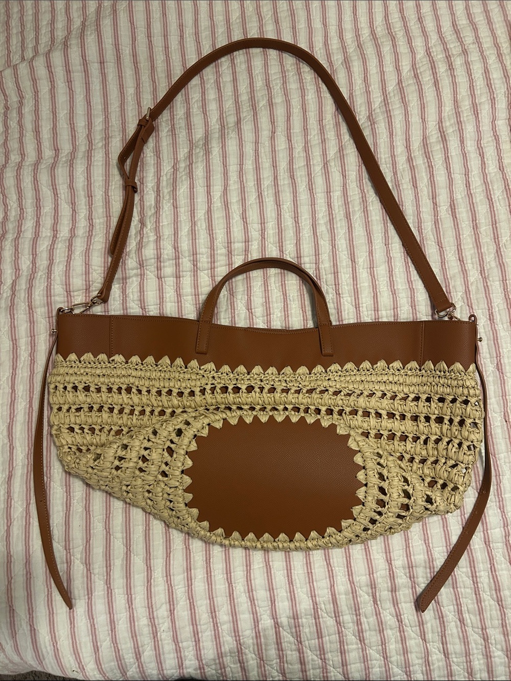 Leather & Crochet Tote Bag in Brown - Women's Stylish Shoulder Bag